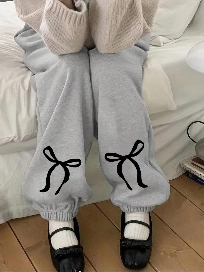 Product Introduction of Women's Bow Print Drawstring Waist Sweatpants, Casual Pocket Jogger Pants for Daily Wear, Ladies Bottoms for Spring & Fall 5