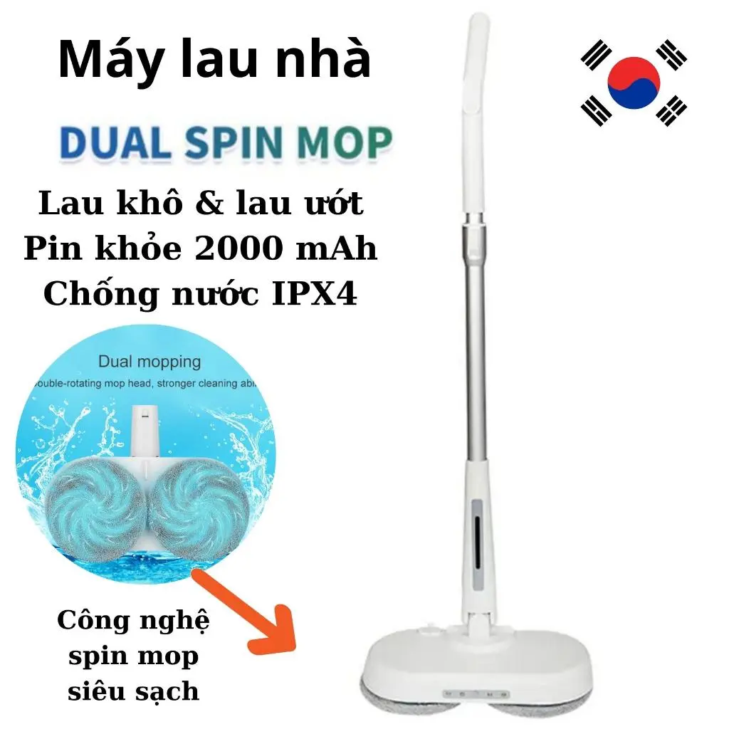 Máy lau nhà không dây GLUCKLICH 2000 mAh - công nghệ SPIN MOP Hàn Quốc siêu sạch - lau khô và lau ướt đồng thời Làm Sạch