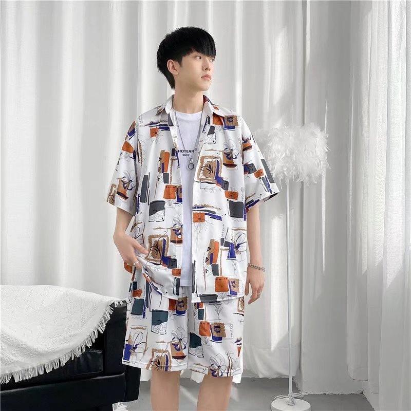 Short-sleepted men's fashion summer ice silk Free Shipping Hong kong-style Ruan Home wear half-pajama shirt loose floral shirt coat suit 8