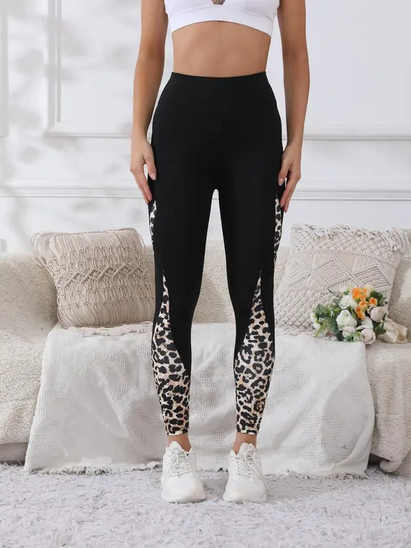 Women's Colorblock & Leopard Patchwork Pocket Sports Leggings, Casual Comfy Breathable High Stretch Yoga Leggings, Ladies Sportswear for Indoor Outdoor Wear, Gym Clothes 3