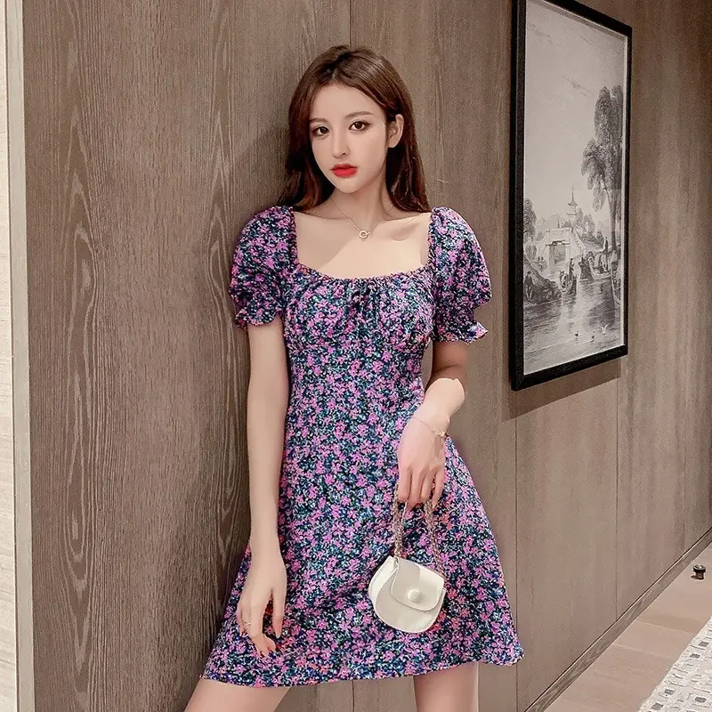 Váy Ngoại Cỡ Thời Trang, Nữ Mùa Hè Mới, Cổ Áo Vuông Cổ Điển Kiểu Pháp, Bó Sát Bụng, Tay Ngắn Phồng, Váy Hoa, Thoải Mái Và Thường Ngày, Năm 2025