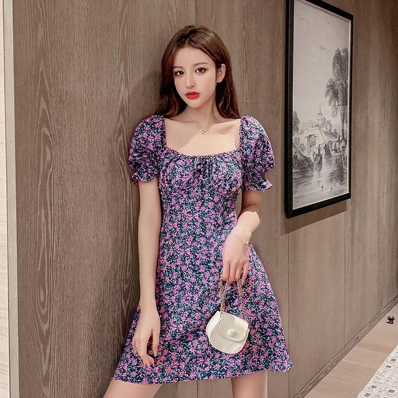 Váy Ngoại Cỡ Thời Trang, Nữ Mùa Hè Mới, Cổ Áo Vuông Cổ Điển Kiểu Pháp, Bó Sát Bụng, Tay Ngắn Phồng, Váy Hoa, Thoải Mái Và Thường Ngày, Năm 2025 0