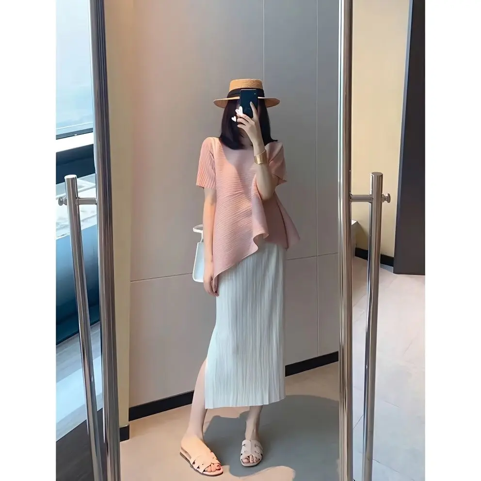 Áo Peplum, Sanzhai, Áo Ngắn Tay Bất Đối Xứng Xếp Ly Dáng Rộng Vừa Vặn, Dài Trung Bình Áo Thun Mỏng, Dành Cho Nữ, Thích Hợp Cho Mùa Hè