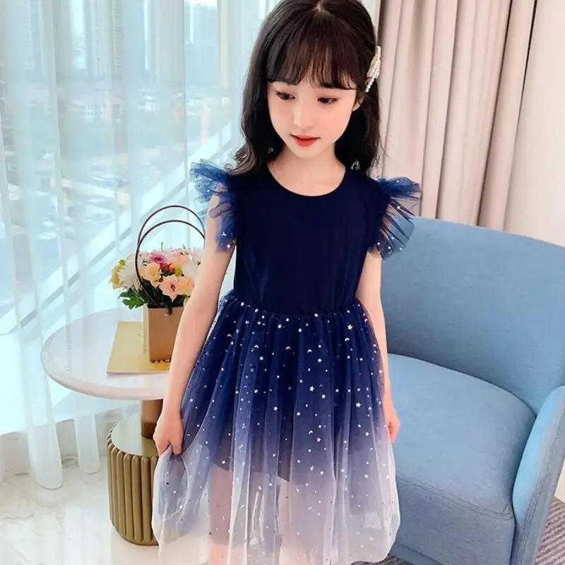 Girls Starry Sky Gradient Princess Dress Summer Sleeveless Fashion Gauze Dress New Years Children's Birthday Party Present 2