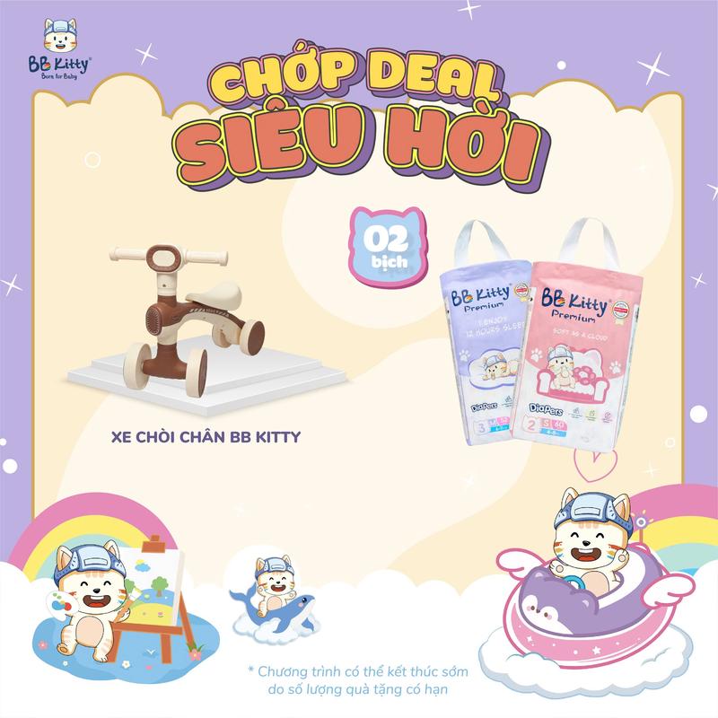 [BB KITTY x MẸ SAM REVIEW] [ Tặng 01 Xe chòi chân BB KITTY ] Combo 02 bịch tã/bỉm dán/quần BB KITTY PREMIUM mềm mịn thấm hút cho bé