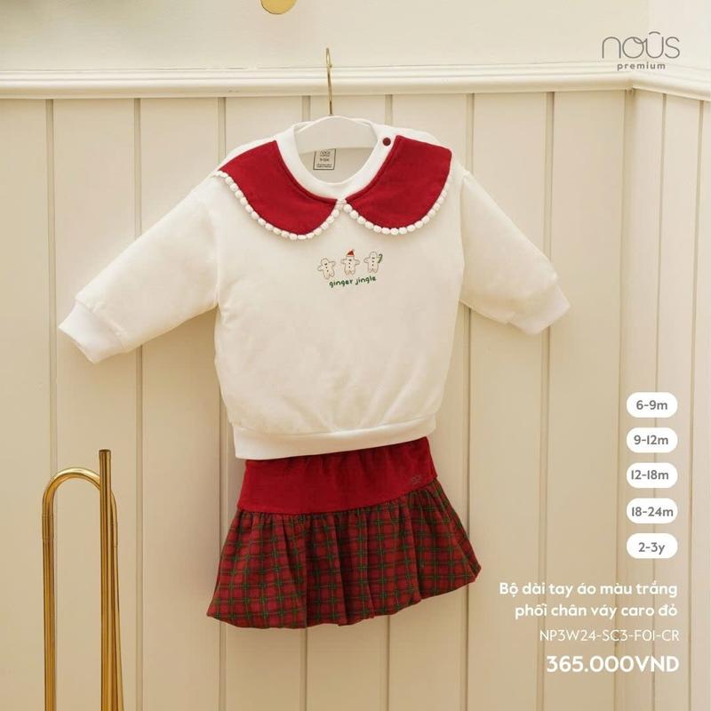   Nous Xmas  Set váy dài tay áo màu trắng phối chân váy caro đỏ Nous cho bé gái đi chơi Noel từ 6 tháng-3 tuổi 