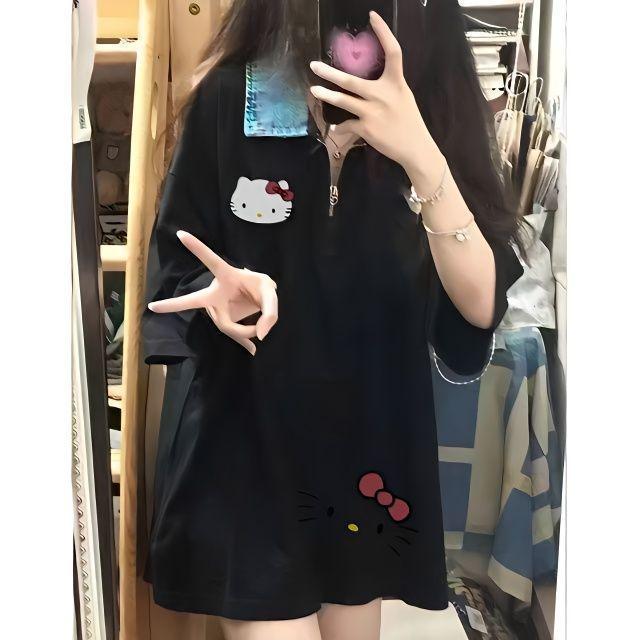 Product Introduction of Áo Polo Có Khóa Kéo, Siêu Phổ Biến, Phong Cách Preppy Mới Mùa Hè, Áo Thun Ngắn Tay Nữ, Áo In Hình Hello Kitty, Thời Trang Ins 7