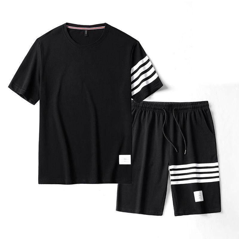 Product Introduction of 2023 New Summer Casual Set Korean Style Trendy Four-Bar Shorts Casual Sports Short T-Shirt Round Neck Short Sleeve Men's Clothing Closed 10