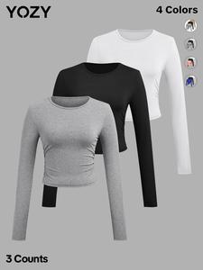 Yozy 3 Counts Ruched Crop Tee, Comfort Casual Solid Round Neck Slim-fitting Longsleeves Crewneck Minimalist T-shirt, 2024 Women's Daily Wear for Spring & Autumn Ultra Crop Top