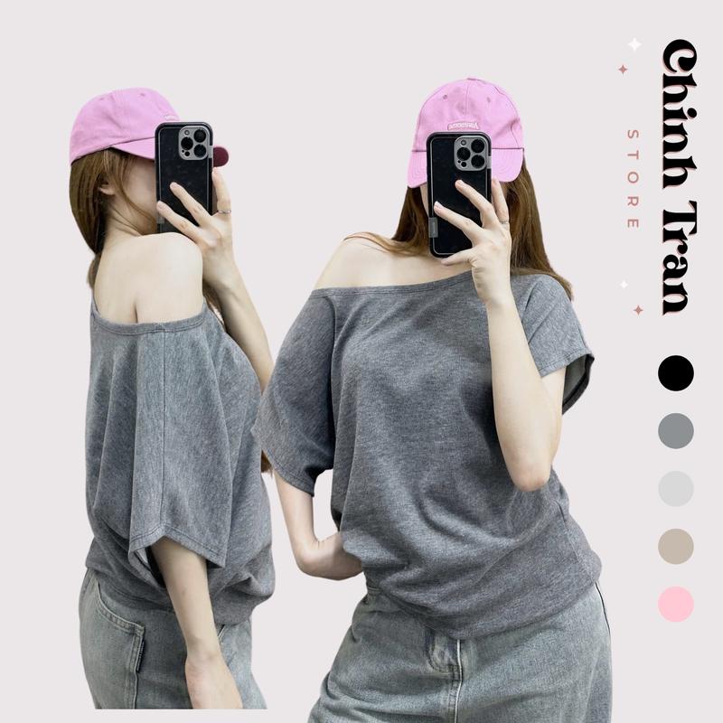 Áo Thun Nữ Lệch Vai Dáng Rộng Cộc Tay Nhiều Màu Basic Trendy