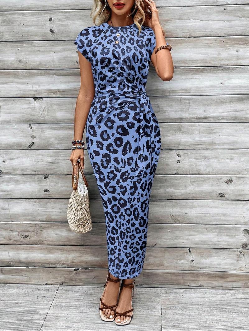 Product Introduction of Women's Leopard Print Knot Bodycon Dress, Elegant Butterfly Sleeve Round Neck Long Dress for Party Holiday Wedding Guest, Ladies Summer Clothes, Modest Dresses, Tall Clothing Women, Summer Dresses 2025 Womenswear Comfort Gamis Chic Crewneck Skinny 4