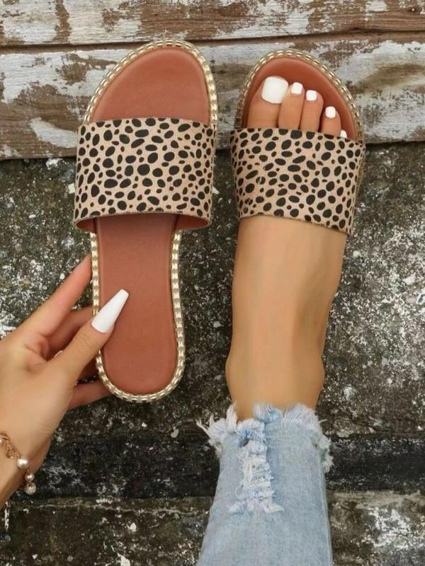 Women's Fashion Leopard Pattern Slippers, Summer 2025 Outdoor Beach Vacation Slides Sandals, Comfort Trendy Double Band Slippers for Girl, Gifts for Wife, Flat Sandals 7