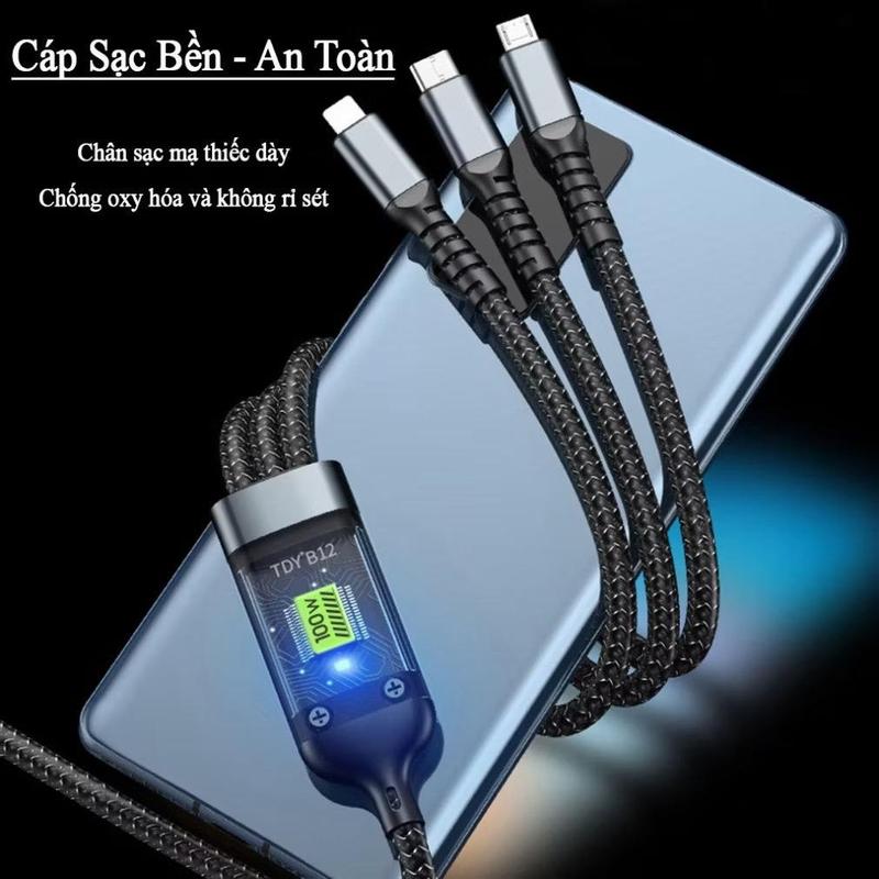 Cáp Sạc Nhanh 3 Đầu 100W - Dài 1.2m - Dây Sạc 3 Trong 1 Chống Đứt, Chống Rối. Cáp sạc điện thoại, Dây sạc 3in1 Phụ Kiện 7