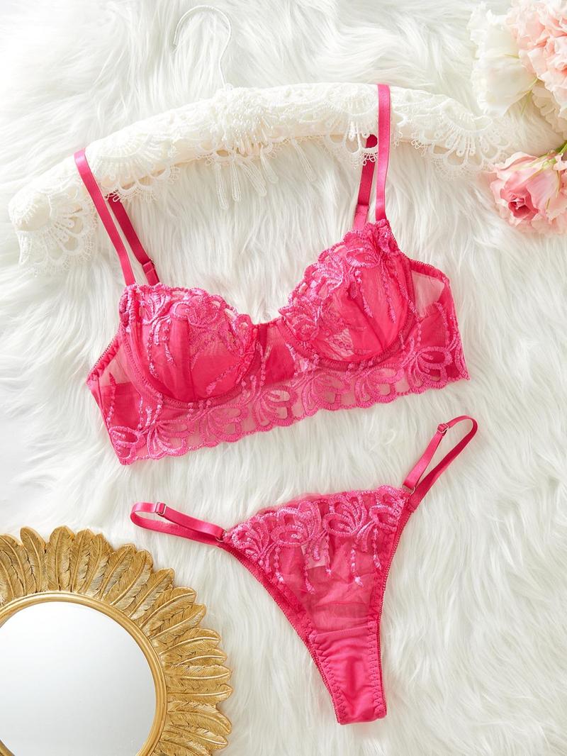 Product Introduction of Women's Solid Color Floral Embroidery Bra & Thong Two-piece Set, Sexy Cute Adjustable Strap Unlined Bra & Panty Set, Lingerie Set for Women 6