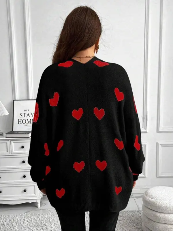 【Plus Size】 Heart Print Open Front Sweater Cardigan, Casual Long Sleeve Cardigan for Fall & Winter, Women's Plus Clothing for Daily Wear 5