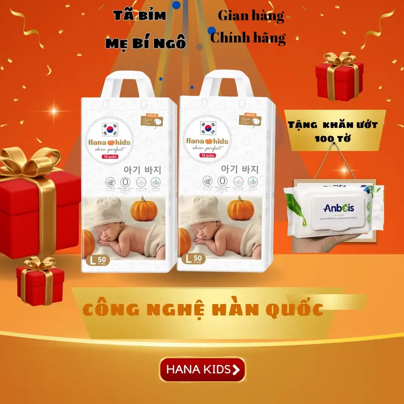 Tã bỉm quần hanakids công nghệ Hàn Quốc, bỉm hữu cơ chống hăm cho bé size M -4XL Cho Bé mijuku ta 100 miếng