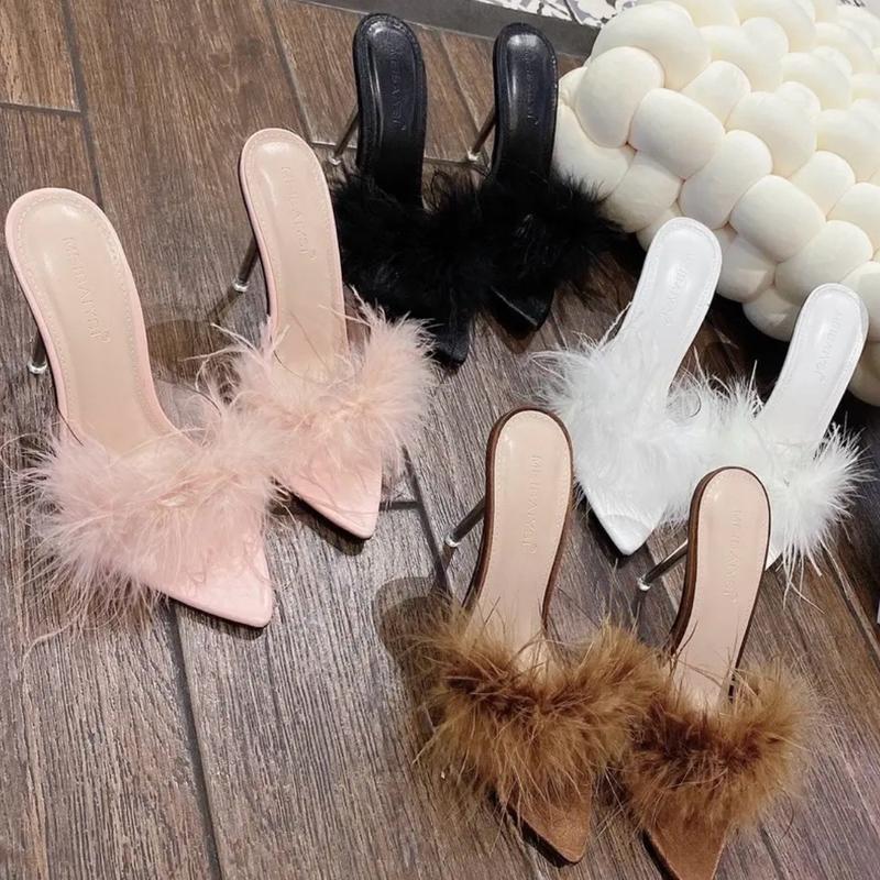 Guốc lông vũ 9cm êm chân fom chuẩn Shoes Nữ GiàY DéP giay tiep giày cao gót dép