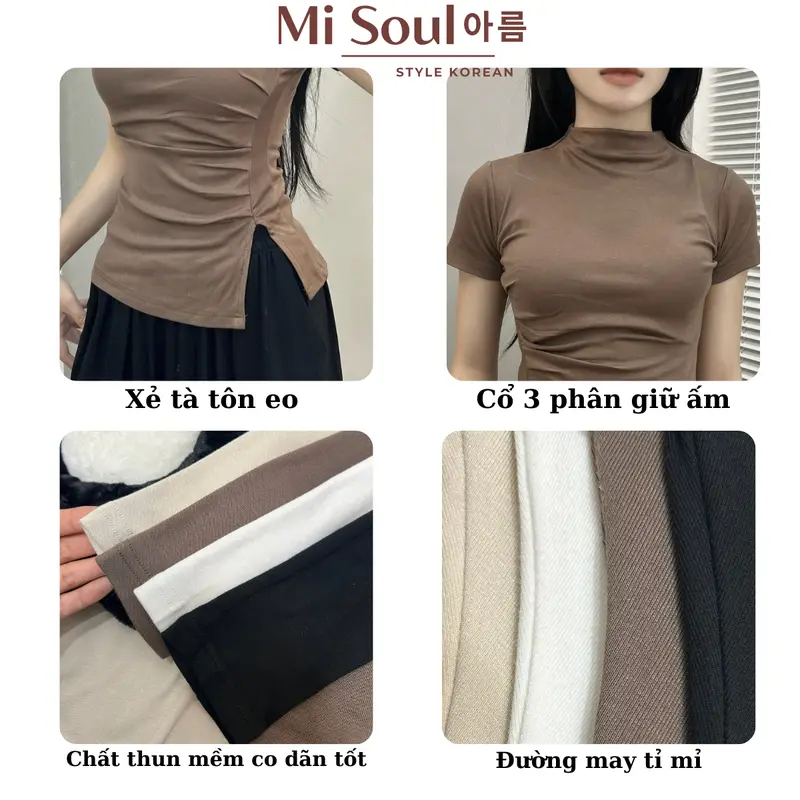 Áo Thun Cổ 3 Phân Cộc Tay Nữ Nhúm Sườn Xẻ Tà BigSize MiSoul, Áo Thun Nữ Cộc Tay Xẻ Tà BigSize MiSoul 218 Top Cổ Tròn Women Sơ Mi 2