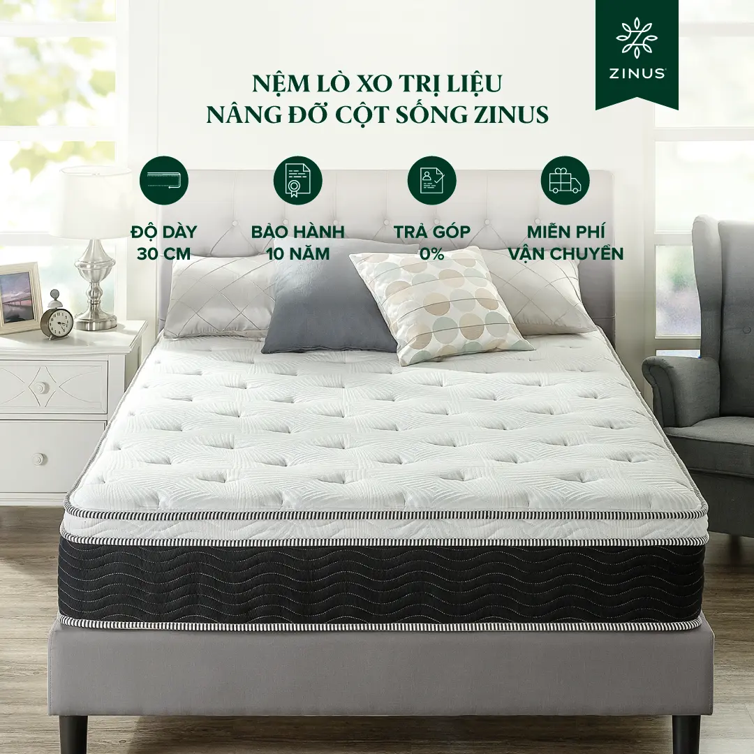 Nệm lò xo túi hút chân không hỗ trợ trị liệu cao cấp Zinus - 12in iCoil Premium Spring Mattress