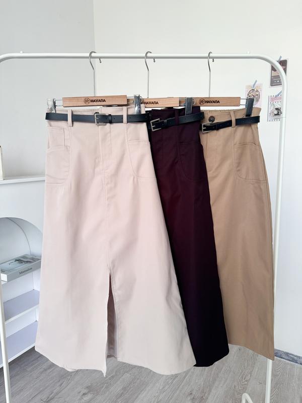 Chân váy midi thô mềm phối túi hộp xẻ tà kèm belt HAVANA CV181