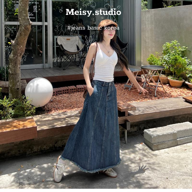 Chân váy jeans bò nữ dáng xòe dài cạp lưng cao chất không co giãn phong cách Hàn Quốc Meisy