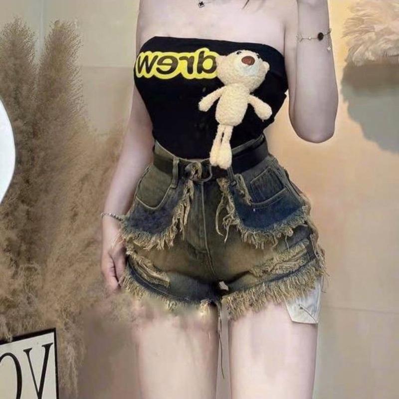  Quần short jeans nữ SML cạp cao bụi vàng viền tua túi lộ rách đùi 
