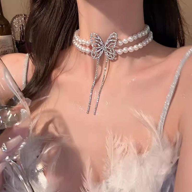 Vòng Cổ Ngọc Trai Viền Kim Cương Đầy Đủ, Dành Cho Nữ, Vòng Cổ Choker Sang Trọng Lấp Lánh, Dây Chuyền Xương Đòn Xếp Chồng Thanh Lịch, Đồ Trang Sức Bản To Dễ Phối Đồ Thích Hợp Cho Buổi Tối Quyến Rũ 1