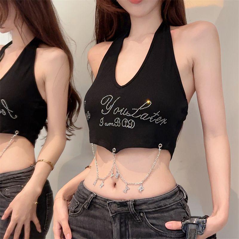 Áo Vest Cổ Yếm Chữ Cái, Dễ Thương Và Gợi Cảm, Dây Đeo Nhỏ, Dành Cho Phụ Nữ, Thích Hợp Cho Mùa Hè, Bó Sát, Hở Lưng Bên Trong, Không Tay, Áo Ngắn, Áo Mặc Bên Ngoài Top Women Màu Đen 4