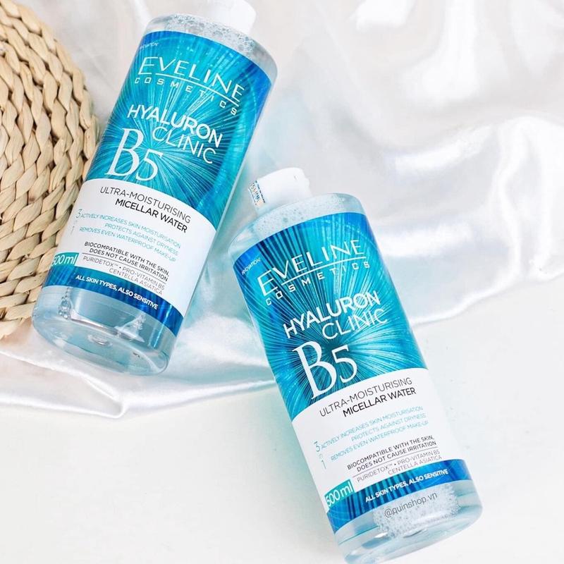 Nước tẩy trang Eveline Hyaluronic Clinic B5 500ML Tẩy sạch lớp makeup, dưỡng ẩm, ngừa mụn, dùng cho mọi loại da TẶNG son dưỡng