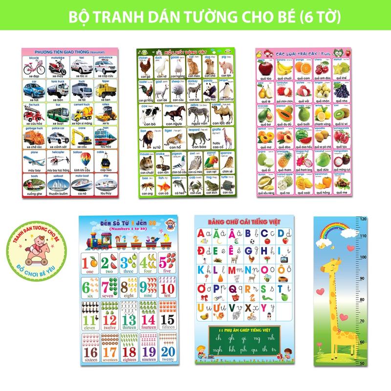  Tranh Decal Nhựa Dán Tường Cho Bé 6 tờ  Có Keo Sẳn keo tốt dính chắc bảng chữ cái số đếm trái cây...  Chống nước Chống nước Decor Decor Phòng 