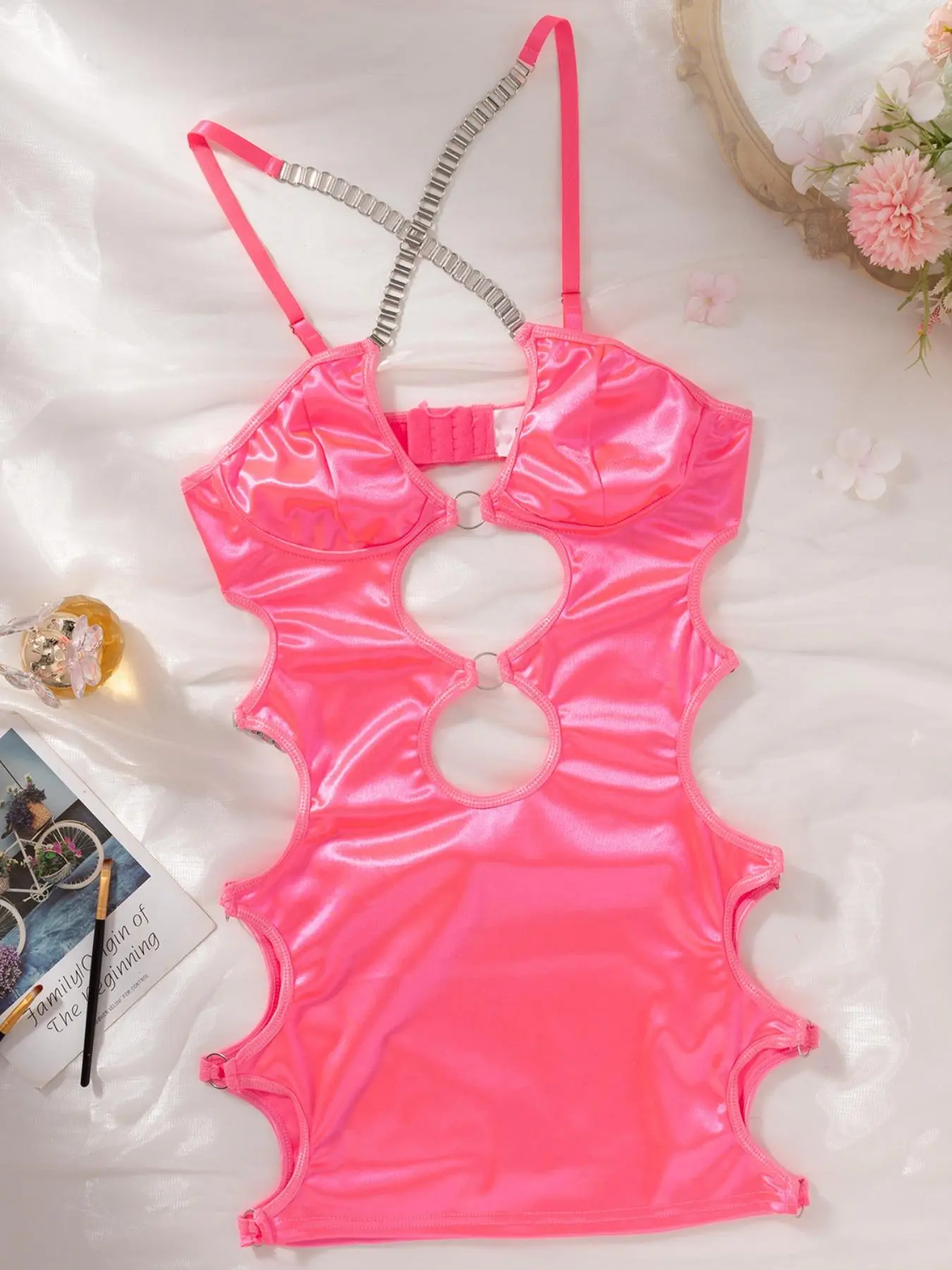 Women's Solid Color Metal Ring Linked Sexy One-Piece Lingerie, Sexy Fashion Comfortable Breathable Criss Cross Cut Out Backless Bodysuit for Daily Wear, Women Sexy Lingeries & Costumes