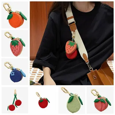 thumbnail image 2 of Cute Fruit Leather Bag Charm Y2K Strawberry Keychain With Zipper 2 of 9
