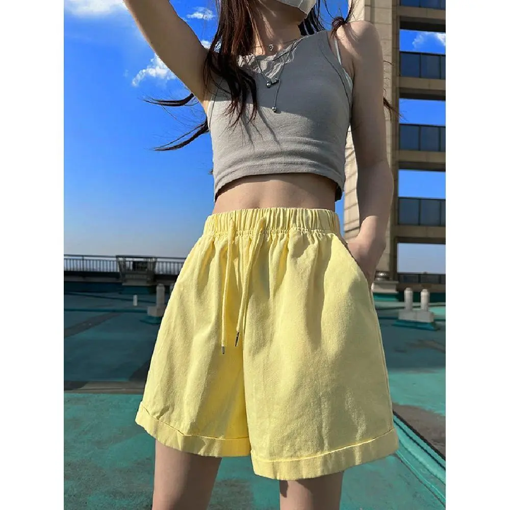Quần Short Denim, Dongdaemun Hàn Quốc, Thiết Kế Độc Đáo Màu Vàng Nhạt, Ống Rộng, Eo Co Giãn, Dây Rút, Dành Cho Nữ, Thích Hợp Cho Mùa Hè 2024, Xếp Hạng Tích Cực 96%