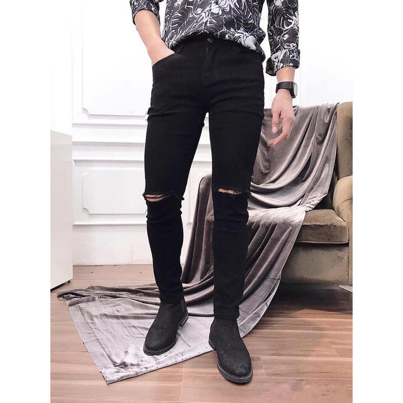 Quần Jean Nam Co Dãn Màu Đen Rách Gối Chất Vải Mềm Không Phai Màu Menswear Pants