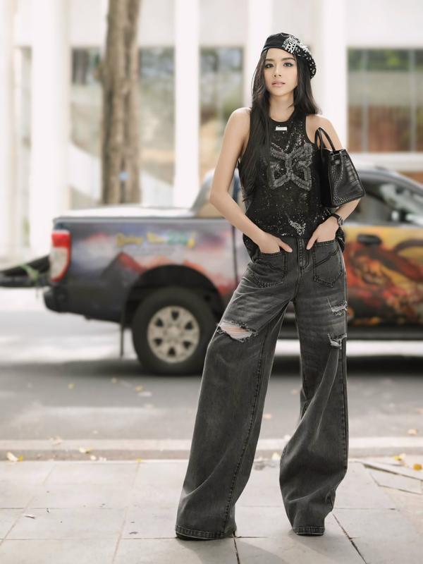 SET ÁO KIM SA QUẦN BÒ DÁNG XUÔNG RÁCH BASIC Nữ Women Top