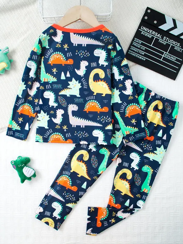 Boy's Glow in The Dark Dinosaur Print Tee & Elastic Waist  Pants Set, Cute Long Sleeve Top  & Trousers, Casual Spring & Fall Clothes for Kids Outdoor Holiday 1