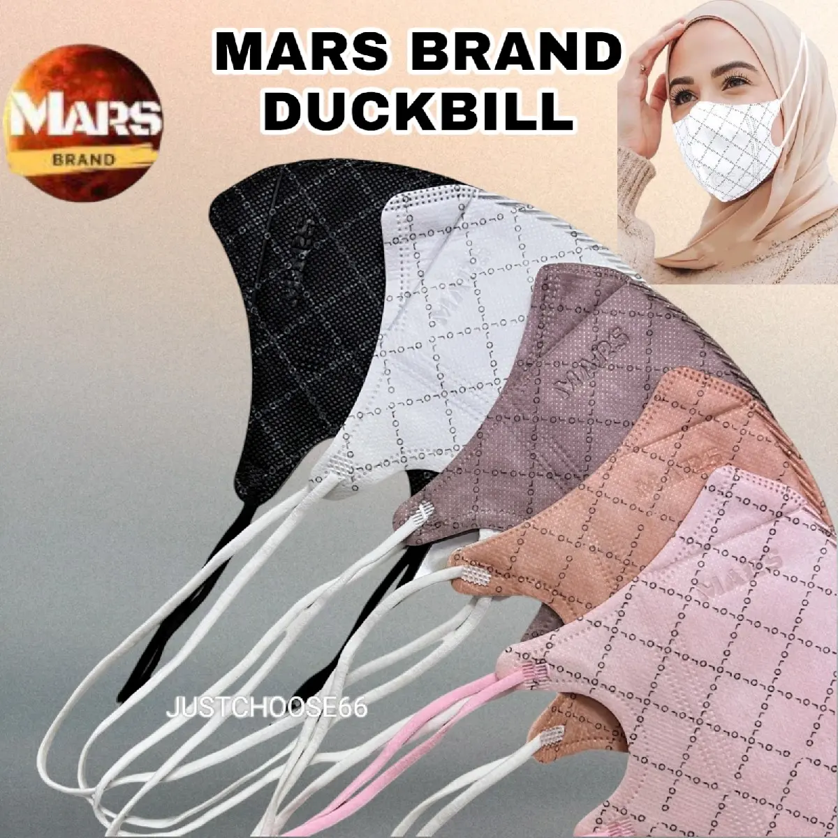 MARS Brand Duckbill 6D Headloop Earloop Monogram 50pcs 4ply Mask Black Face