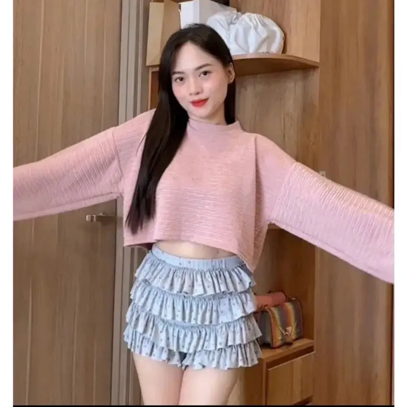 Áo thun nữ croptop xốp nhăn form rộng tay tay bồng áo thun dài tay cổ tròn trẻ trung phong cách Hàn Quốc A540 SUTANO 3