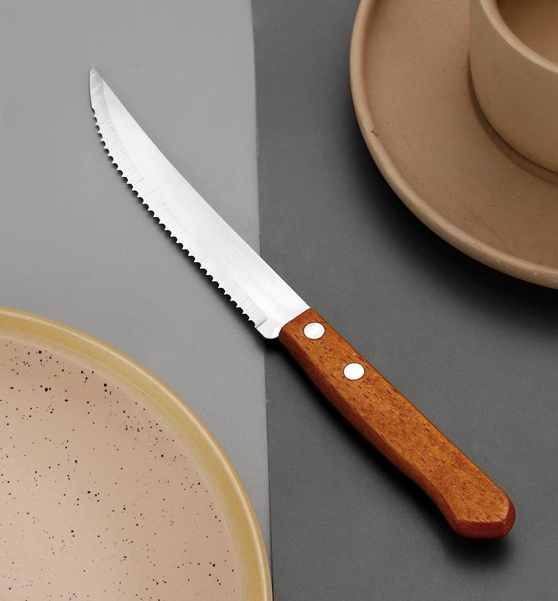 Product Introduction of Stainless Steel Clip Handle Tableware Knife, Fork and Spoon Three-Piece Hotel Steak Knife and Fork Knife, Fork and Spoon New Creative Wooden Handle Steak Knife and Fork 13