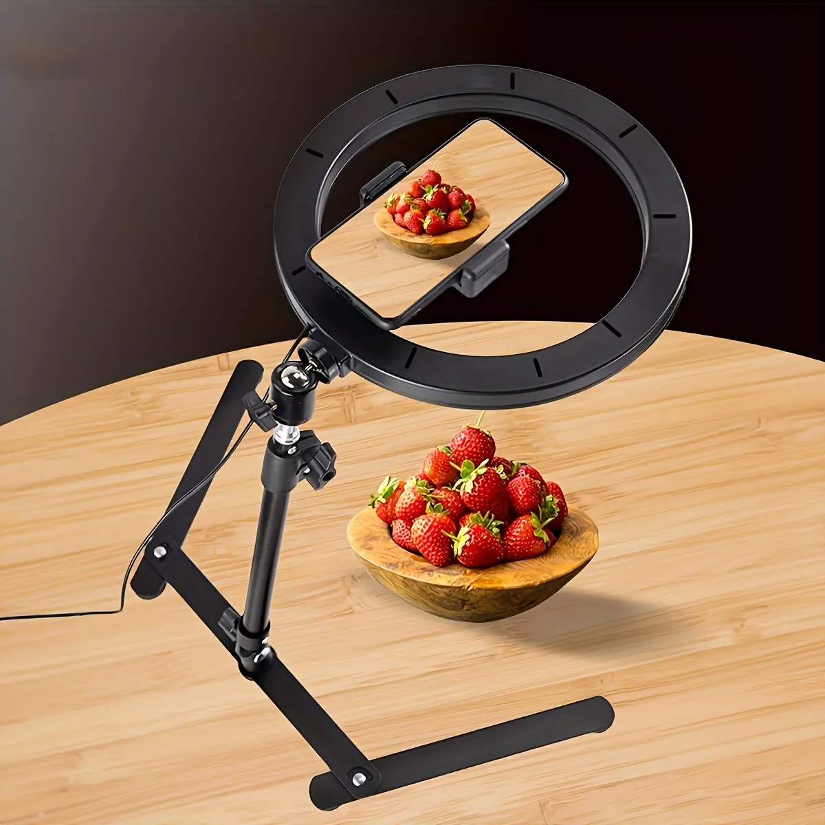1pc 10 Inch Selfie Ring Fill Light, Dimmable LED Ring Light With Phone Holder, Adjustable Desktop Overhead Tripod Stand For YouTube Video, Photography, Selfie, Vlog, Make-up, Live Streamer