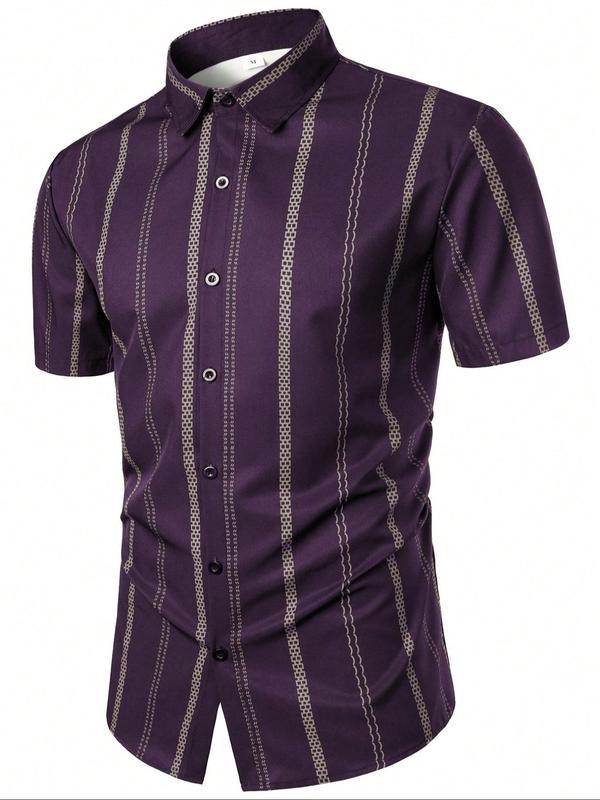 Men's Regular Fit Striped Print Button Front Shirt, Casual Short Sleeve Collar Top for Summer, Fashion Men's Clothes for Daily Wear 6