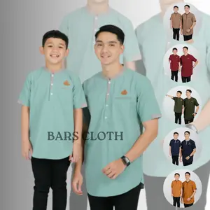 Baju Koko Kurta Couple Ayah Dan Anak Laki-Laki Lengan Pendek Motif List Kancing Pakaian Muslim Terbaru 2025 Bahan Katun Toyobo Import Premium