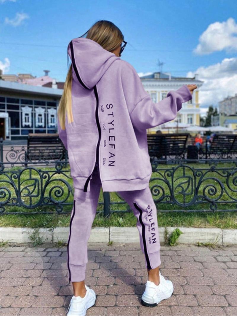 Product Introduction of Women's Letter Print Drop Shoulder Zip Up Hoodie & Pants Two-piece Set, Outfits 2 Piece Set, Casual Fashion Cozy Breathable Two Piece Outfits for Daily Outdoor Wear, Women Clothes for Fall & Winter 5