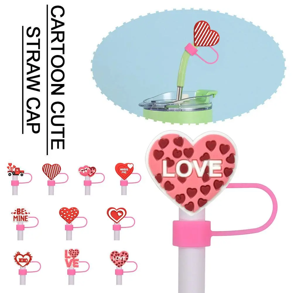 Valentine's Day Love Heart Shape Straw Covers Caps Universal Soft Silicone Protector Reusable F6D1