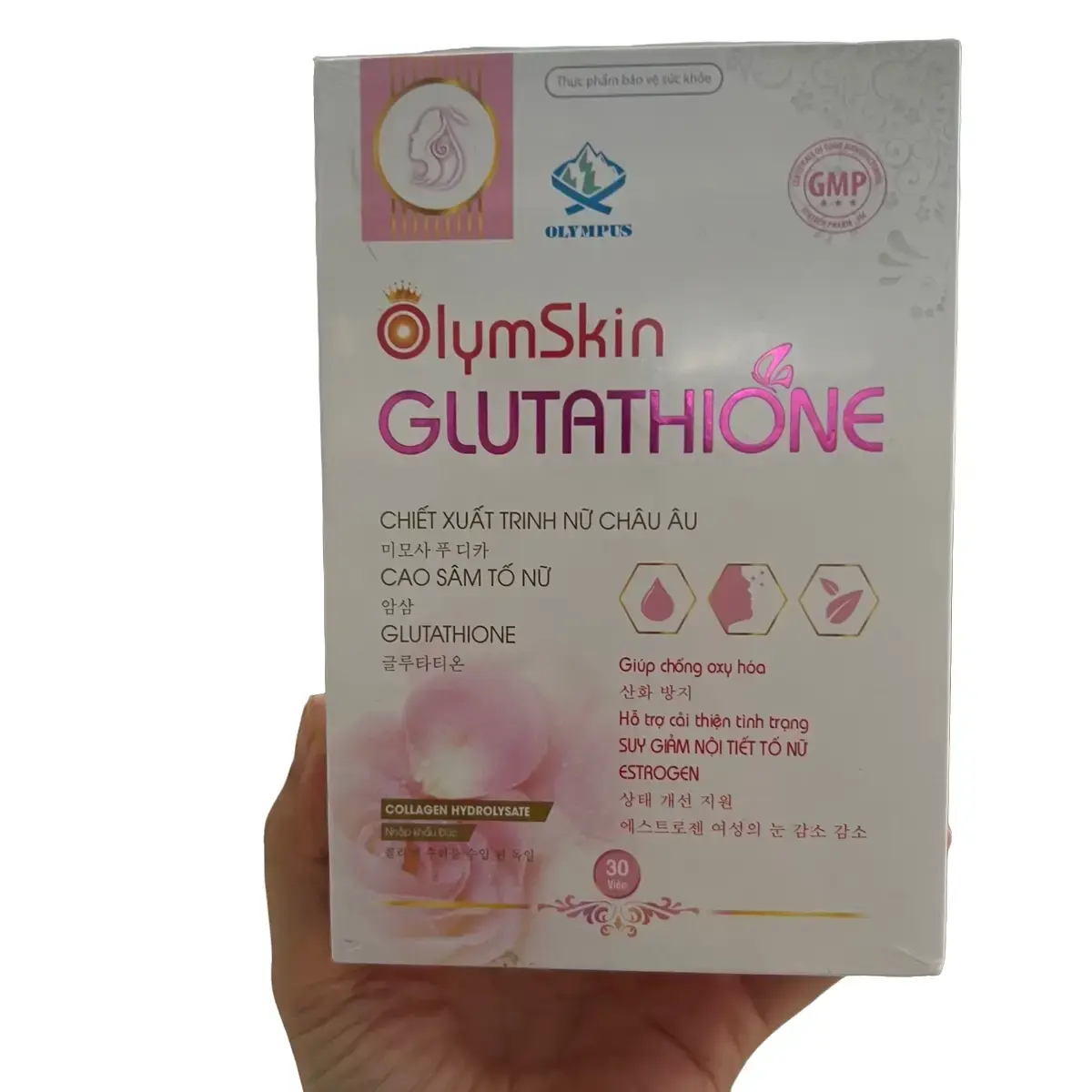 Olymskin Glutathione Giúp chống oxy hoá đẹp da, giúp làn da căng mịn – trắng hồng hơn hộp 30 viên vienuong trang collagen glu that