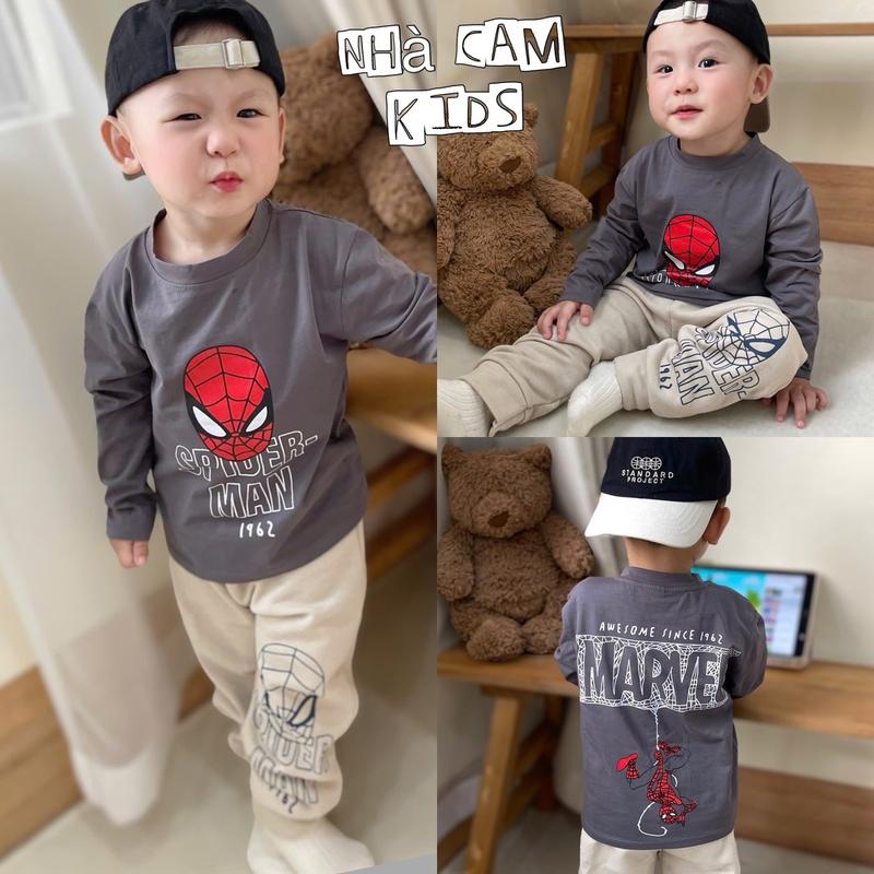  Nhà Cam Kids - Bộ Thu Đông Nhện Xám Mix Quần Be Áo Cotton Quần Nỉ Cho bé 