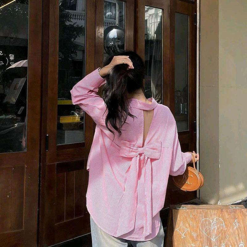 Áo  sơ-mi dáng rộng kẻ sọc cổ đức nơ sau bảng màu pastel xinh xắn 1