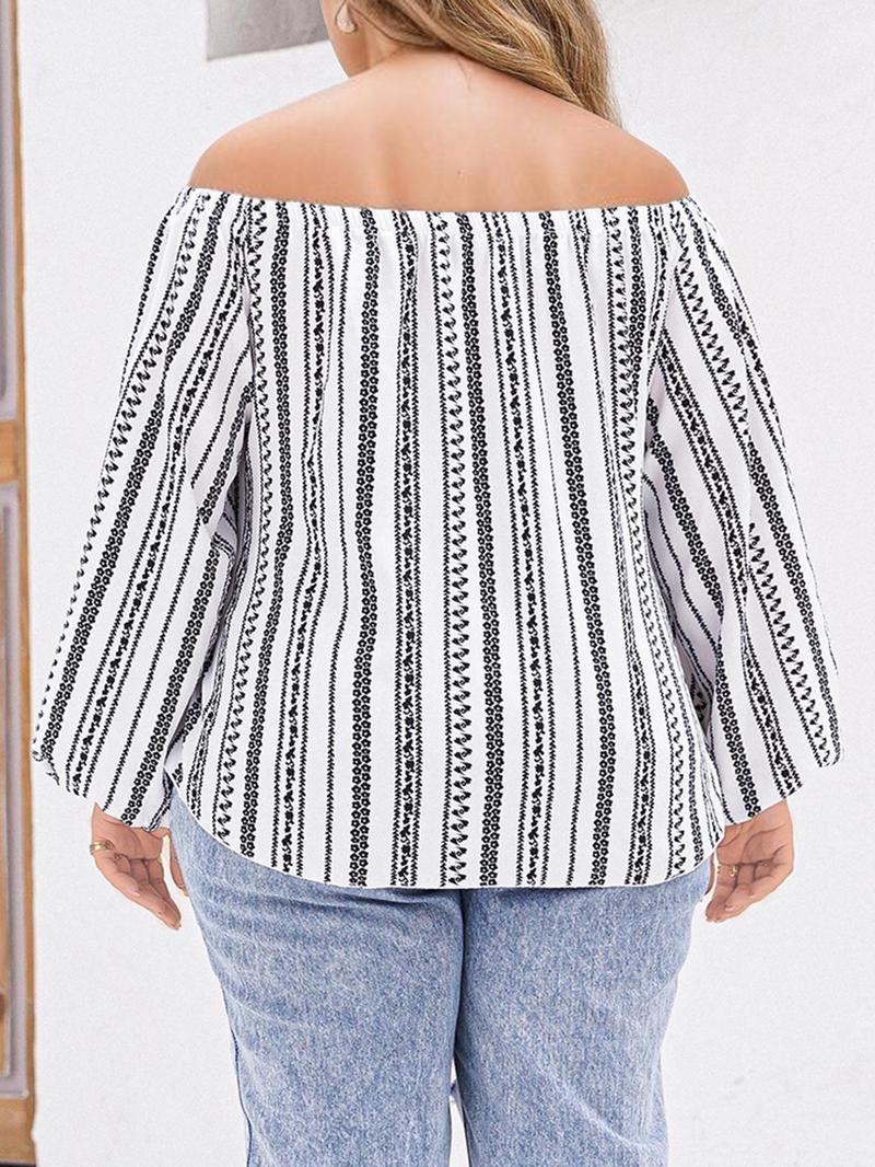 Product Introduction of CURVZY Plus Size Striped Print Knot Front Blouse, Casual Long Sleeve Off Shoulder Top for Spring & Fall, Women's Clothes for Daily Wear 2
