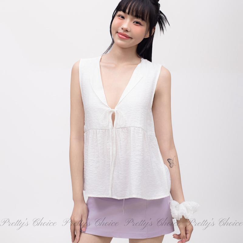 PRETTY'S CHOICE Áo babydoll sát nách cổ V cột nơ