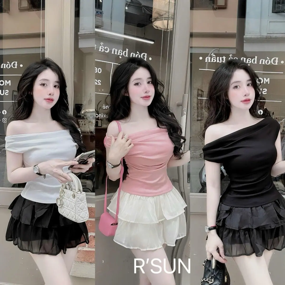 Sét váy ren tầng áo tăm trễ vai 3 màu hồng, trắng, đen Mèo Closet set đầm
